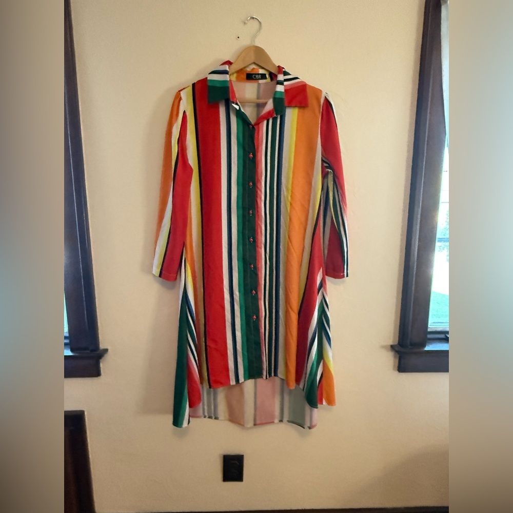 Long Rainbow Button-Up Dress Shirt | Size XL